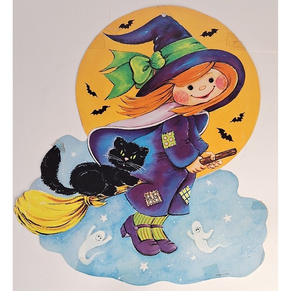Cat Other - Vintage Halloween Cut Out Witch Broom Cat Bats Full Moon Ghosts USA
